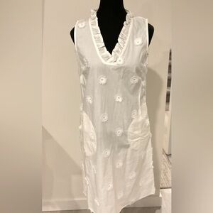 Semi sheer Cotton Bright White V Neck with Flower buds dress with Pockets.